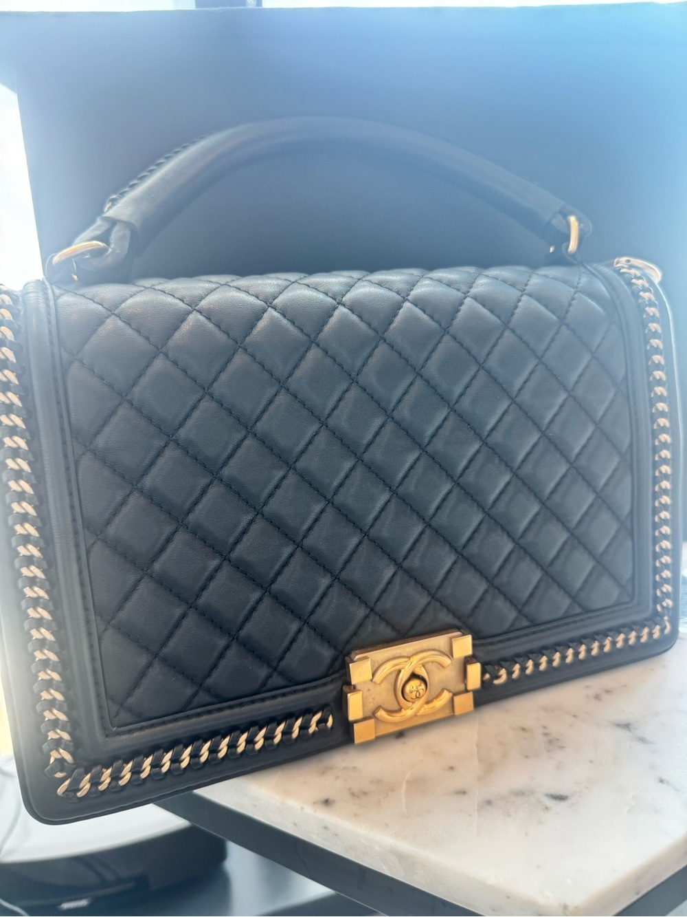 CHANEL Black Le Boy Lambskin Leather bag with handle, Gold Chain and Hardware